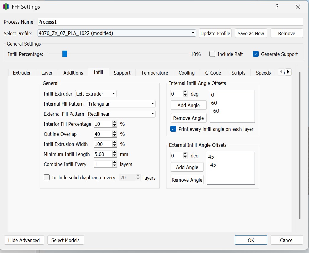 Adjusting the infill percentage, internal infill pattern, and structural settings in Simplify3D